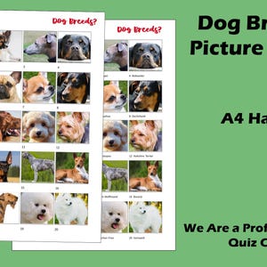 May include: A printable A4 handout with a dog breed picture quiz. The handout has 20 images of different dog breeds with numbers next to each image. The text "Dog Breeds Picture Quiz" is at the top of the page, and the text "A4 Handout" is in the bottom right corner. The text "We Are a Professional Quiz Company" is in the bottom right corner.