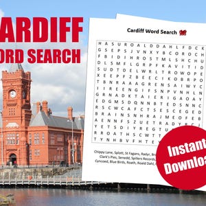 May include: A red brick building with a clock tower and a word search puzzle featuring the word "Cardiff" and other related words. The puzzle is printed on a white background with a red dragon symbol.