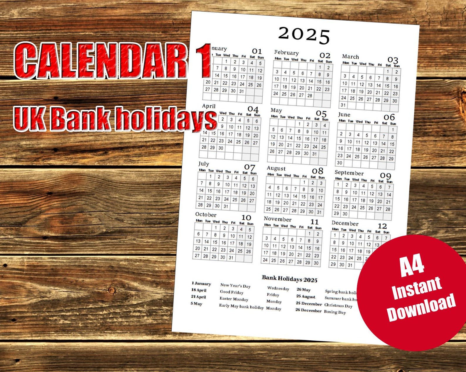 2 Printable Calendars - 2025 Printable A4 Calendar With UK Bank