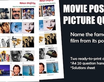 Può includere: Un quiz stampabile in bianco e nero con 20 poster di film. Il titolo è "Movie Posters Picture Quiz" e le istruzioni sono "Indovina il film famoso dal suo poster".