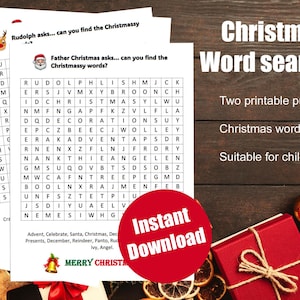 2 Fun Word Search Puzzles for Christmas - Printable Activities for Kids and Adults - Instant Download Puzzle - Stocking Stuffer