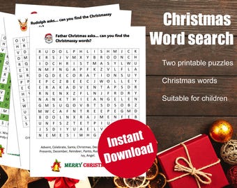 2 divertidos rompecabezas de búsqueda de palabras para Navidad: actividades imprimibles para niños y adultos: rompecabezas de descarga instantánea: regalo para calcetines