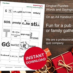Könnte beinhalten: Ein druckbares Dingbat Puzzles-Spielblatt mit Wort- und Sprichworträtseln. Das Blatt enthält visuelle Worträtsel mit dem Text "Dingbat Puzzles Words and Sayings" oben. Entworfen für ein Pub-Quiz oder ein Familientreffen auf einem A4-Handout-Blatt.