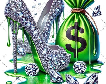 Diamond Luxury Heels & Money Bag PNG | Glam Sublimation Design