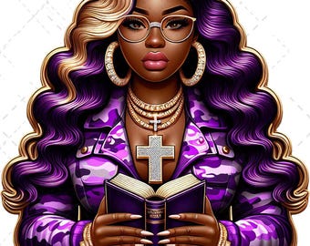 May include: Illustration of a woman with long, wavy hair in shades of purple and gold, wearing glasses, hoop earrings, and a cross pendant. She holds a book and is dressed in a purple camouflage jacket. The image includes the text "PRAYERWARRIOR" in a gold banner.