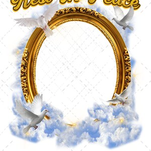 Marco conmemorativo "Descanse en paz" PNG / Plantilla digital de homenaje al cielo / Marco dorado con palomas / Programa funerario / Portada de obituario / RIP