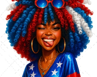 May include: Illustration of a smiling person with red, white, and blue curly hair, wearing blue sunglasses, gold hoop earrings, and a gold necklace. The person is wearing a blue shirt with white stars and red and white stripes.
