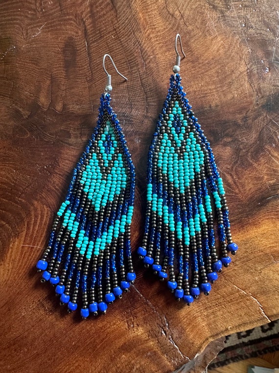 Handmade beaded blue dangle chandelier  earrings