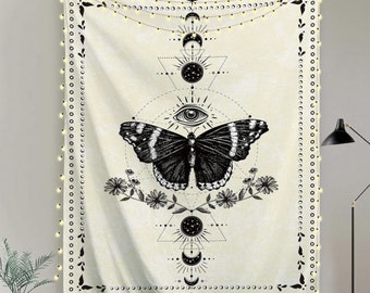 Schwarz weißEr Wandteppich Schmetterling Wandbehang Vintage Mond Phase Sternbild Wandkunst Deko für Zuhause Schlafzimmer Wohnzimmer