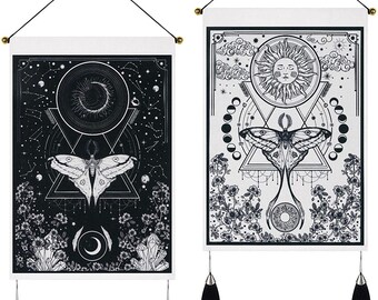 Psychedelic Moth Zodiac Butterfly moon phase tapestry, Moon and Sun Tarot Card Tapestries wall hanging for bedroom dorm living room