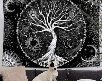 This is a Tree of Life Tapestry Black and White Tapestry Galaxy Space Tapestry Black Aesthetic Tapestry Wall Hanging for Bedroom