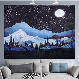 This is a Wall Tapestry Moon Tapestry Forest Tree Tapestry Landscape Tapestry Stars Psychedelic Nature Wall