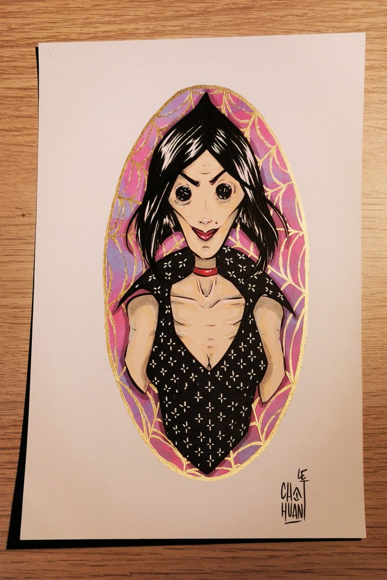 May include: A black and white illustration of a woman with large eyes and a black dress with a white pattern. The woman is framed in a gold and pink oval with a spiderweb design. The artist's signature "Le Cha Huan" is in the bottom right corner.
