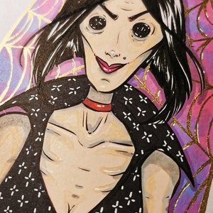 May include: A hand-drawn illustration of a woman with large eyes and a wide smile. She is wearing a black dress with a white pattern and a red choker. The background is a purple and gold swirl with a spiderweb pattern.