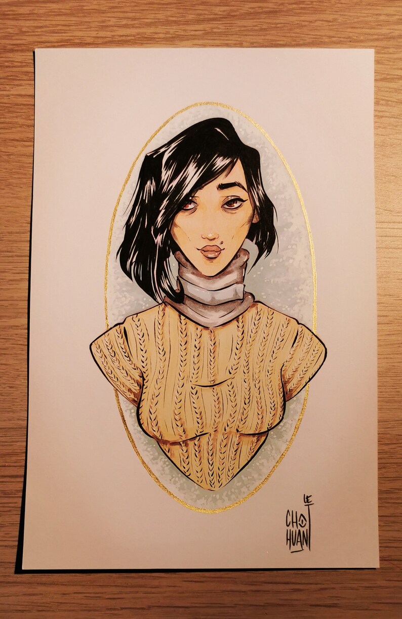 May include: A digital illustration of a woman with black hair wearing a beige knitted sweater and a white turtleneck. The illustration is framed in a gold oval and has the artist's signature "Le Cho Huan" in the bottom right corner.