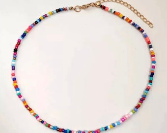 Collier de perle multicolore (ou simple) en acier inoxydable, collier perle de rocaille colorée acier inoxydable, collier perle coloré été