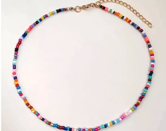 Collier de perle multicolore (ou simple) en acier inoxydable, collier perle de rocaille colorée acier inoxydable, collier perle coloré été