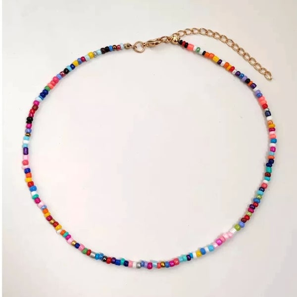 Collier de perle multicolore (ou simple) en acier inoxydable, collier perle de rocaille colorée acier inoxydable, collier perle coloré été