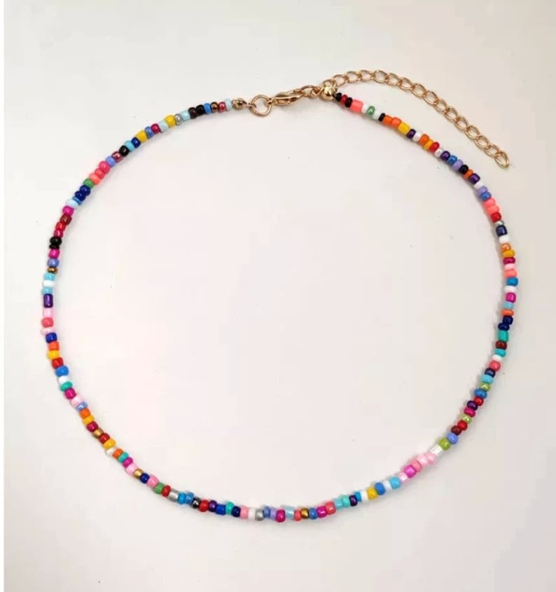 Collier de perle multicolore ou simple en acier inoxydable, collier perle de rocaille colorée acier inoxydable, collier perle coloré été image 1