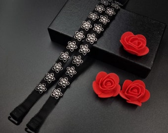 Decorative bra straps hand made black flowers FLORA BS002363