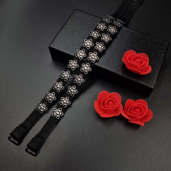 Decorative Bra Straps Hand Made Black Flowers FLORA BS002363 