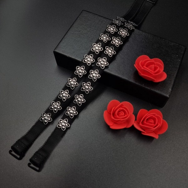 Decorative bra straps hand made black flowers FLORA BS002363