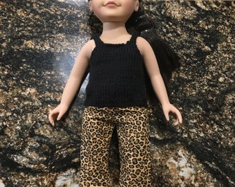 18" doll clothes, hand knitted black shell and homemade leopard pants