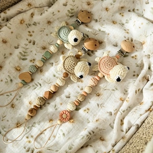 Crochet pacifier chain with turtle design, various colors, also available with name