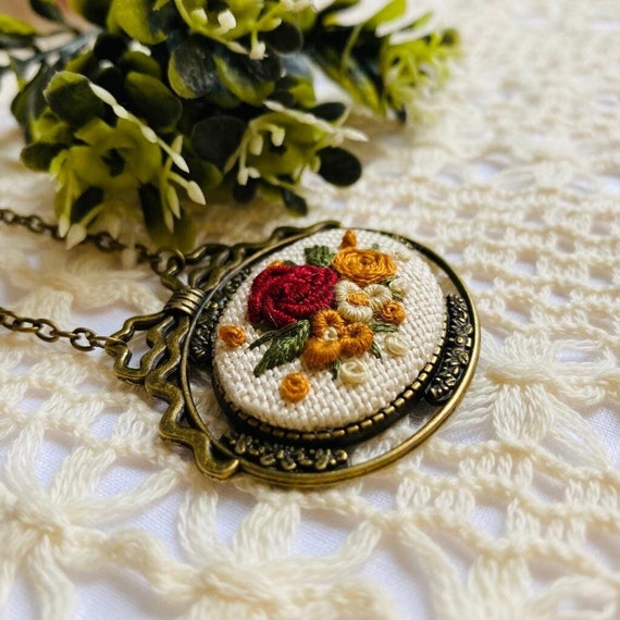 Handmade Embroidered Necklace, Embroidered Pendants, Floral