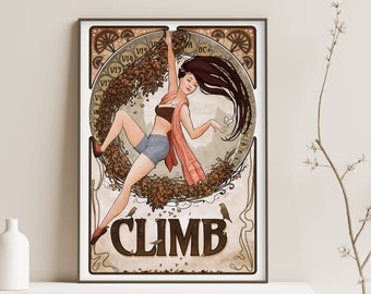 Rock Climbing Poster, Art Nouveau Print, Rock Climbing Gift, Rock climbing wall art, Climbing art, Climbing print, Bouldering Art, Climb Art