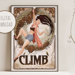 Rock Climbing Printable Poster, Art Nouveau print, woman climber, climbing wall art, Climbing art, Rock Climbing Gift, Climbing printable