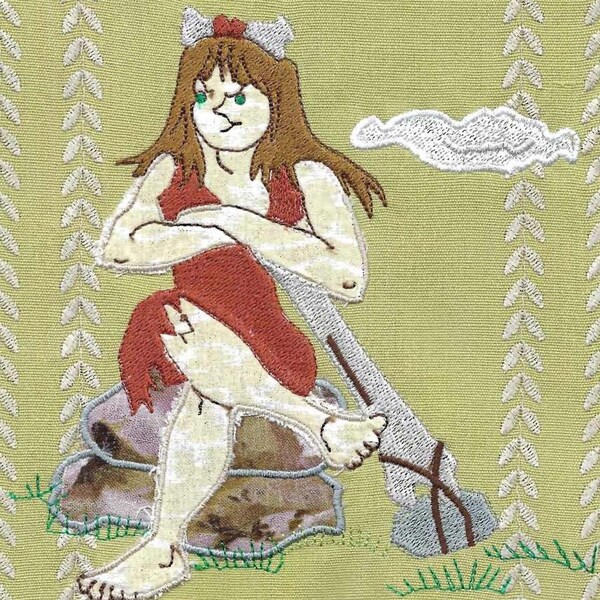 Cavewoman Applique and Stitched Machine Embroidery Design for Many Machines and in 3 Sizes