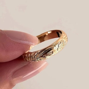 Floral Engraved Gold Filled Wide Band Vintage Textured Ring Thick Gold Band Classic Ring Engagement Ring Bridal Jewelry Mothers Day Gift Her
