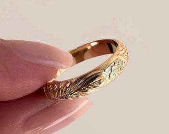 Floral Engraved Gold Filled Wide Band Vintage Textured Ring Thick Gold Band Classic Ring Engagement Ring Bridal Jewelry Graduation Gift