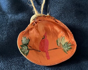 Hand Painted Seashell Ornament Cardinal Red Bird Christmas Tree Beach Shell Clam Nautical Decor Coastal Bronze