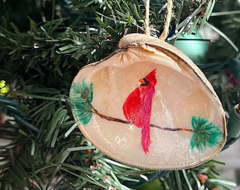 Hand Painted Seashell Ornament Cardinal Red Bird Christmas Tree Beach Shell Clam Nautical Decor Coastal