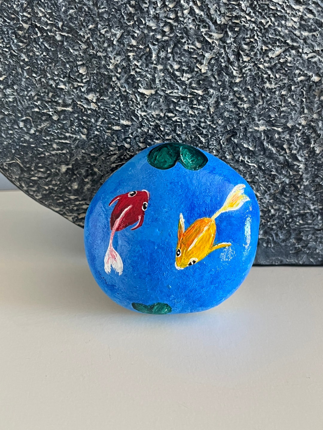 View of Hand Painted Rock Art Fish Pond Koi Coastal Decor Goldfish Stone Rock ...