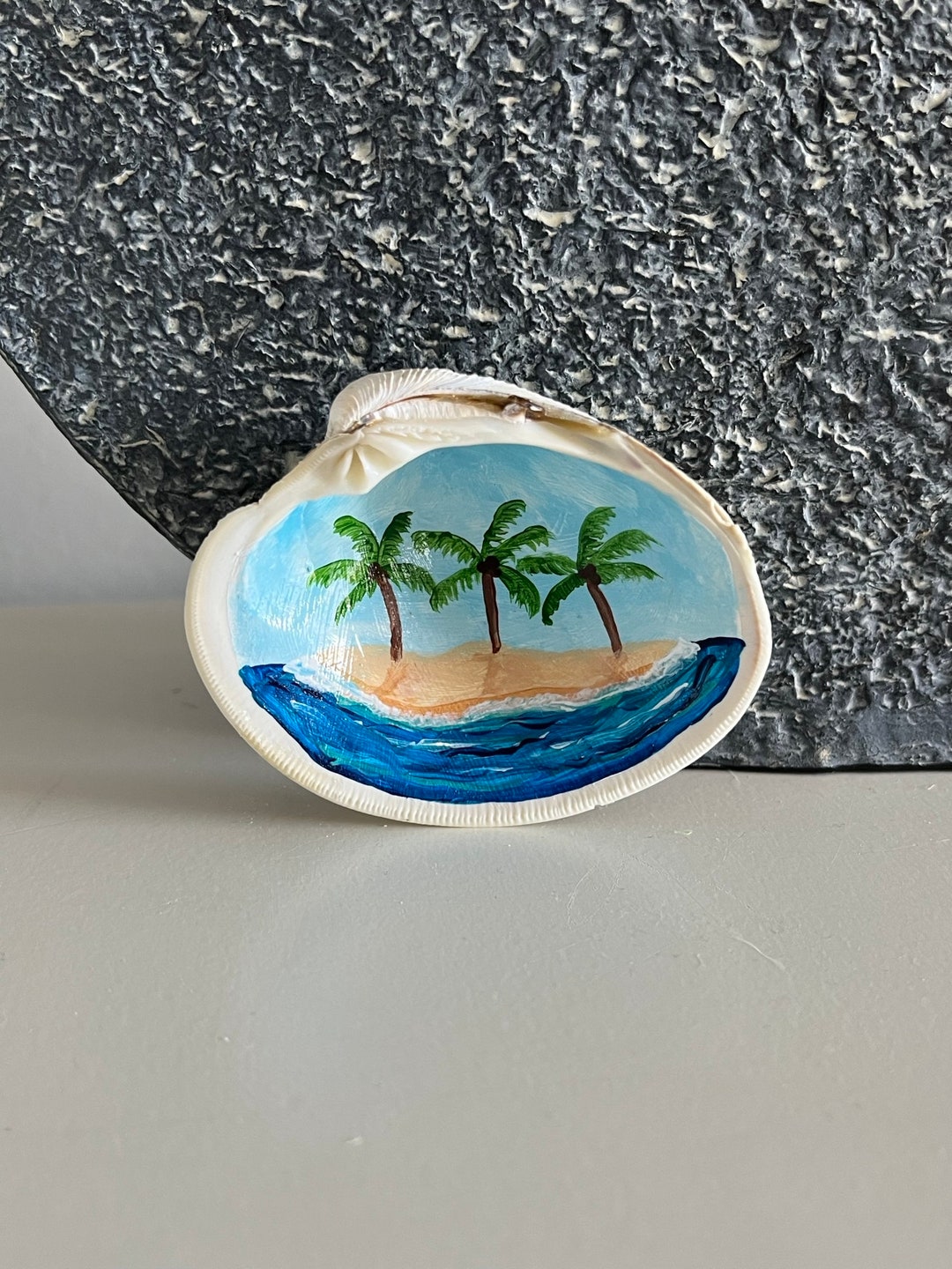Hand Painted Clam Shell Jewelry Dish Tropical Island Palm Trees Seashell Coastal Decor Ring