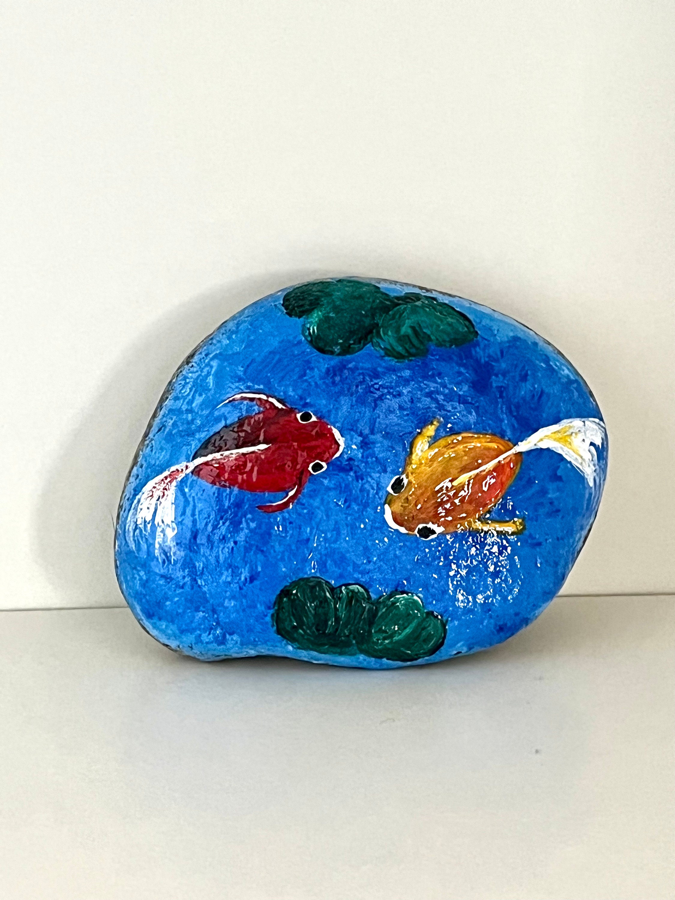 View of Hand Painted Rock Art Fish Pond Koi Coastal Decor Goldfish Stone Rock ...