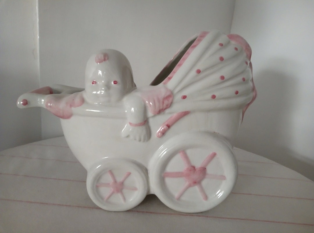 Kitsch Baby Vintage Large Ceramic Kitsch Baby Pram Buggy Pink and White Planter. GC ...