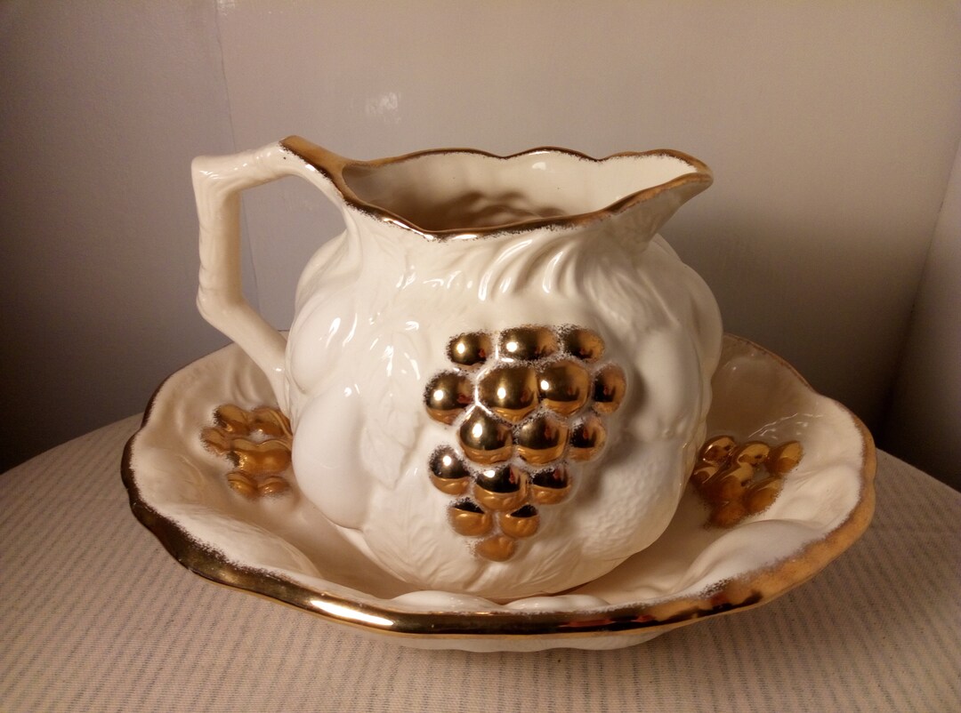 Vintagestaffordshire Pottery Water Bowl Jug 'golden Grape' GC