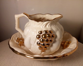 Vintage-Staffordshire pottery- Water bowl + jug- 'Golden Grape'- GC- Earthenware-Beautiful.