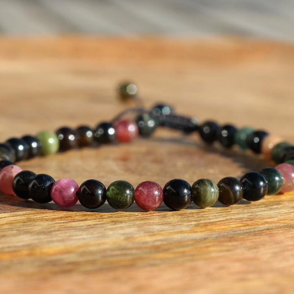Bracelet perles femme tourmaline multicolore, pierre naturelle, bracelet réglable