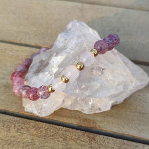 Rose quartz and strawberry quartz beaded bracelet, elastic women&#39;s bracelet, stainless steel