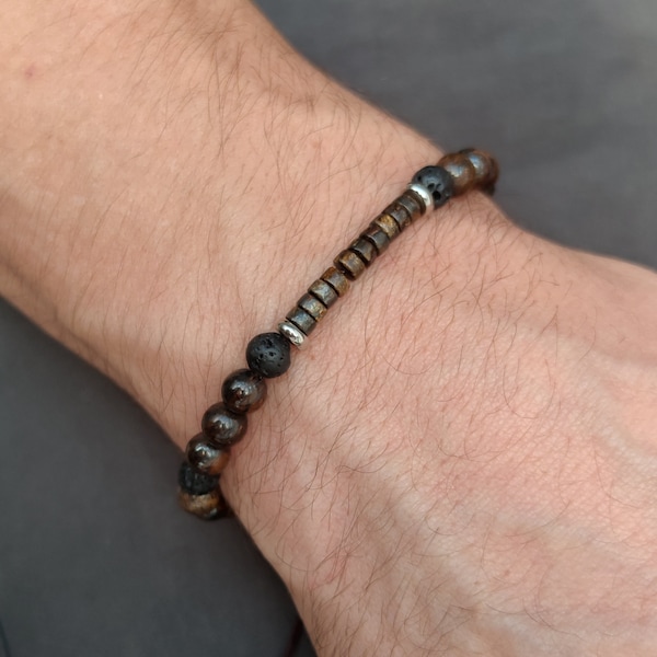 Bracelet pour homme en perles bronzite, bracelet réglable