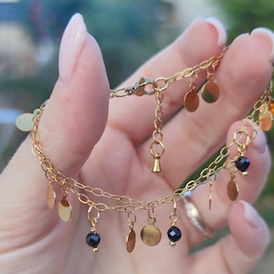 Double row bracelet in stainless steel and obsidian stone, gift for women, golden jewelry
