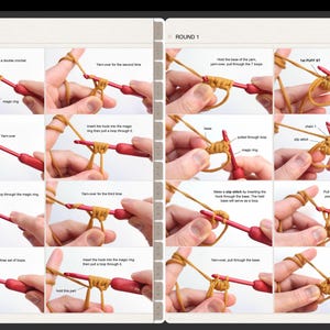 May include: A digital instructional guide featuring a series of step-by-step photographs demonstrating how to crochet a puff stitch using mustard yellow yarn and a red crochet hook. The images include text labels explaining each specific movement.