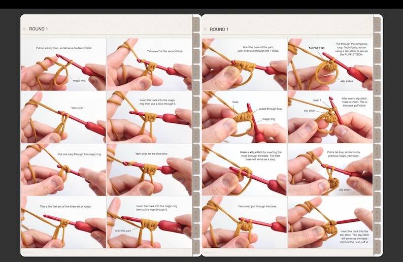 May include: A digital instructional guide featuring a series of step-by-step photographs demonstrating how to crochet a puff stitch using mustard yellow yarn and a red crochet hook. The images include text labels explaining each specific movement.