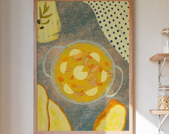 Paella Art Print, Authentic Spanish Food Illustration, Kitchen Wall Decor (Giclée)