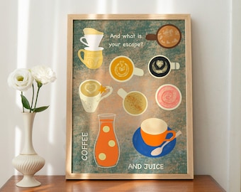 Coffee and Juice Illustration, Fun Kitchen Print for Coffee and Juice Lovers, Printable Wall Art